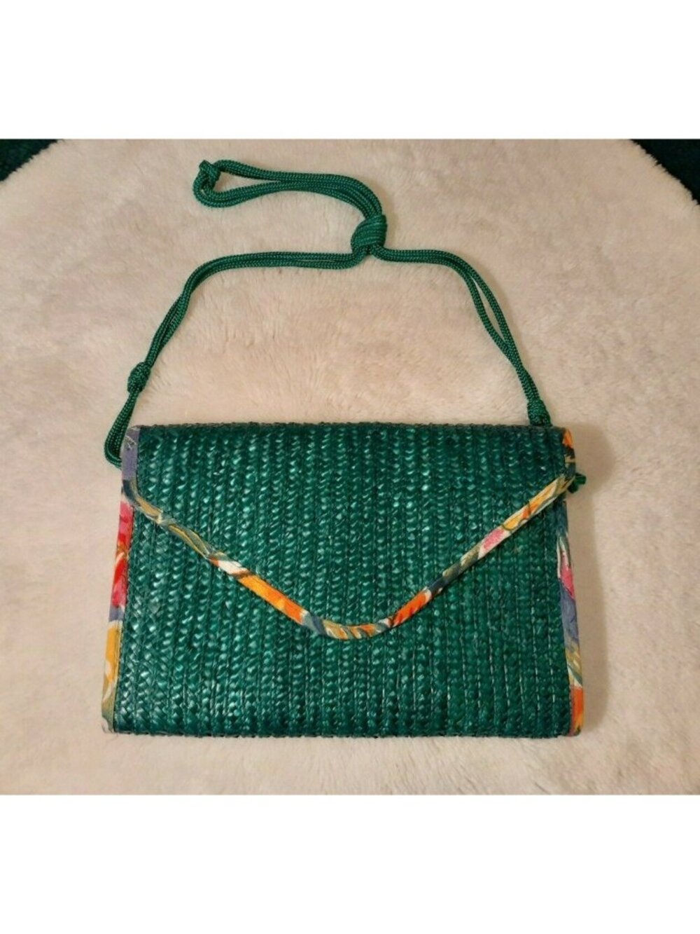 Waves Green Braided Purse Handbag Crossbody Bag Floral Interior Tropical Color